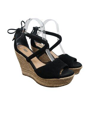 UGG 8 Reagan Black Suede Espadrille Platform Wedge Sandals Ankle Tie Open Toe